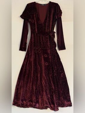 Polo Ralph Lauren Silk Blend Burnout Velvet Wrap Maxi Dress Burgundy 4